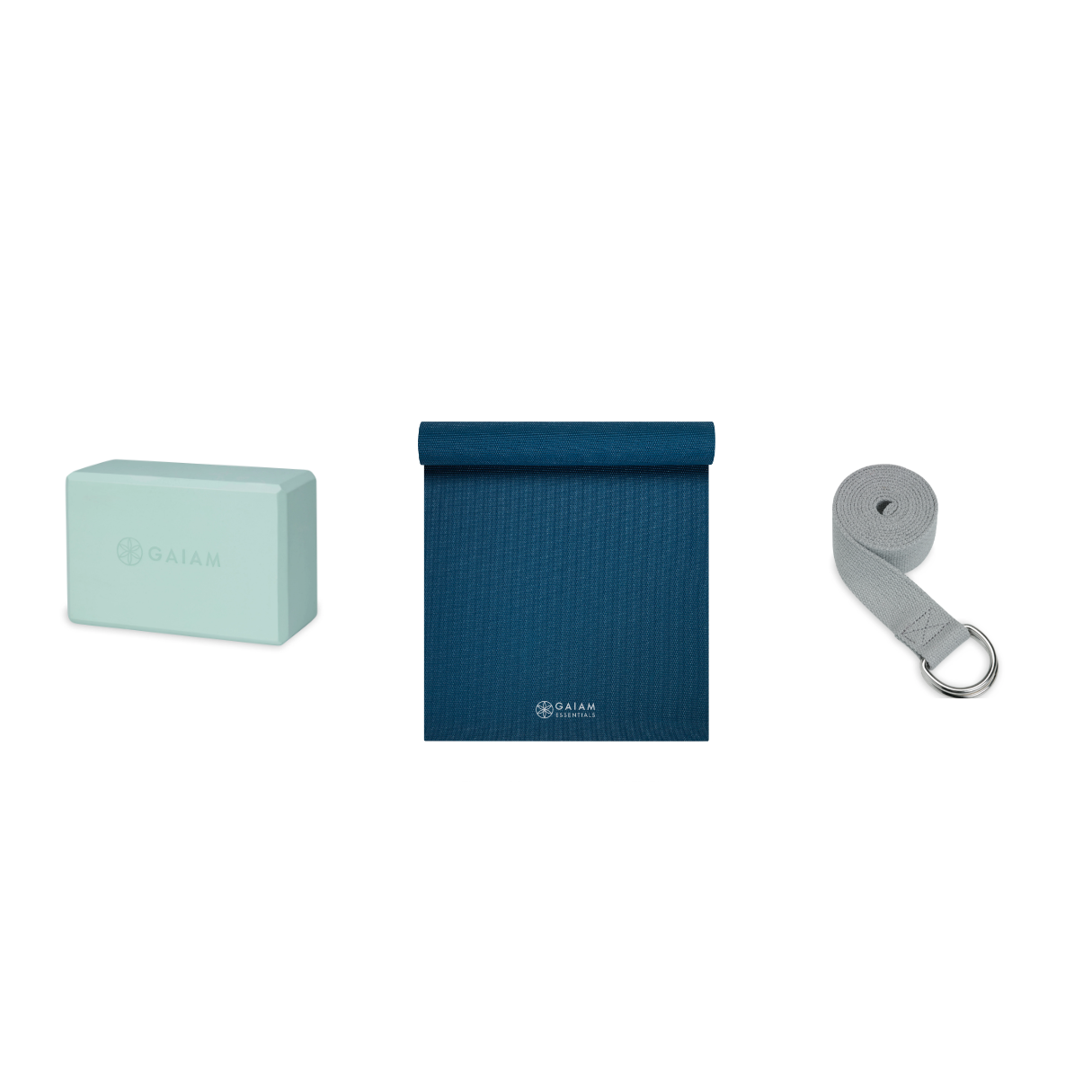 Yoga Bundle - Block (Cool Mint), Mat (Navy), Strap (Grey)